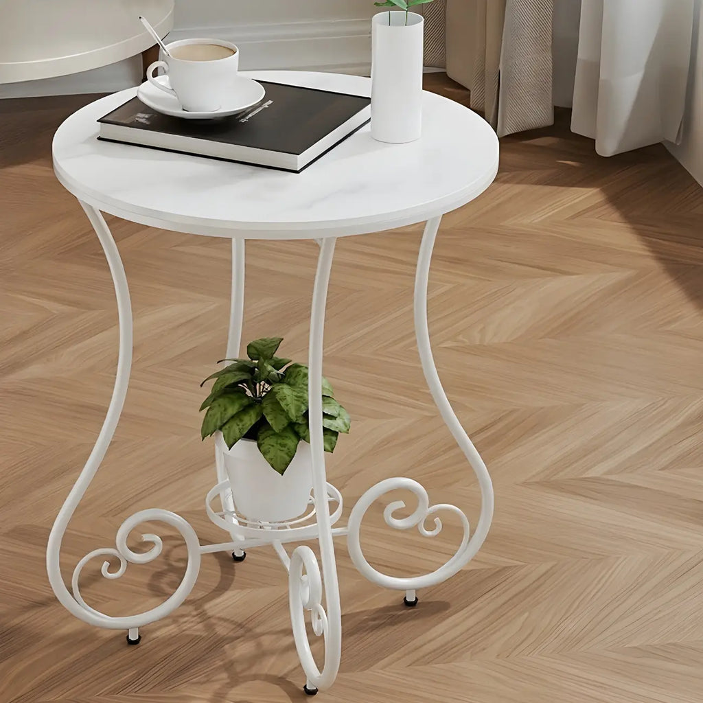 Modern Gloss Finish Steel Marble-Top Round Side Table