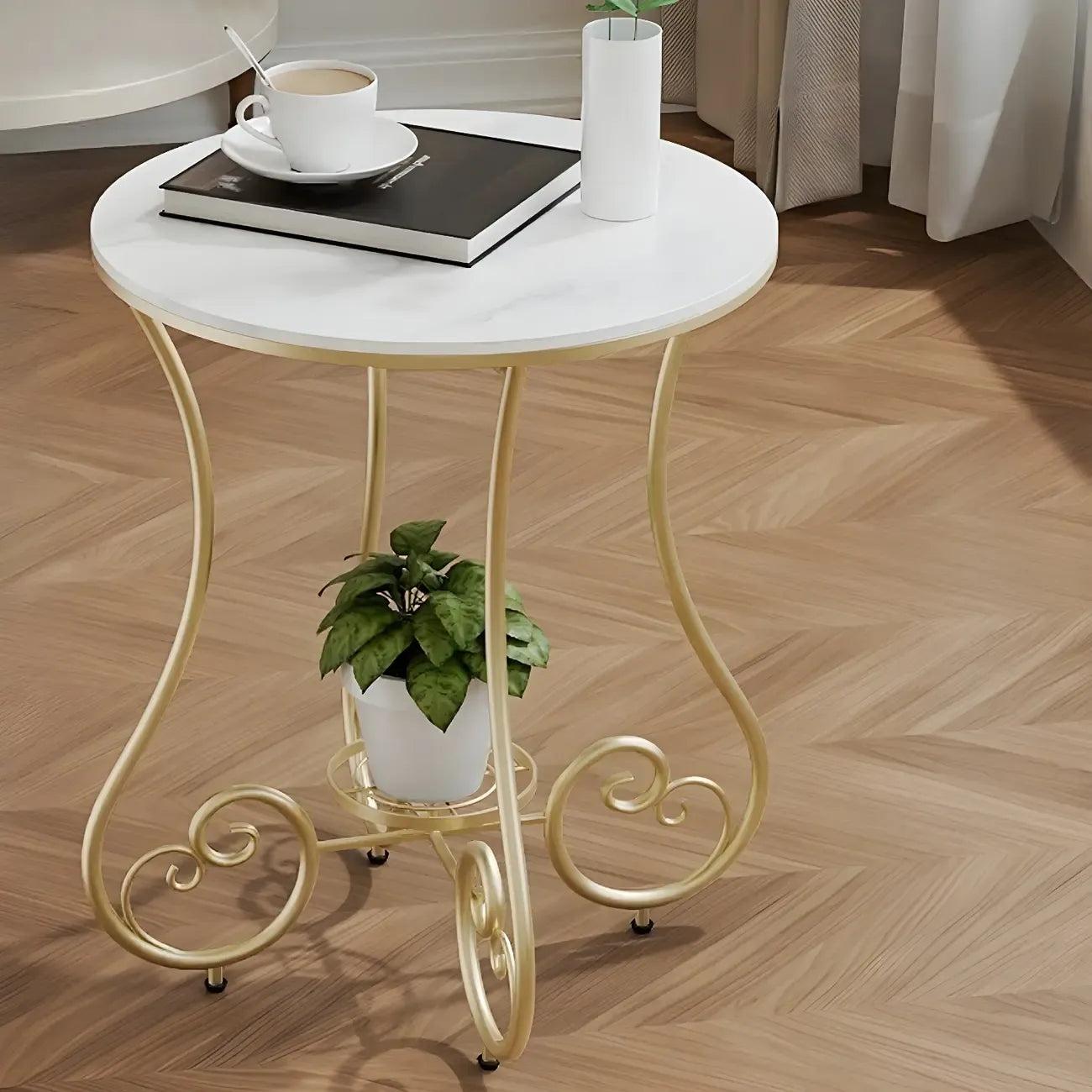 Modern Gloss Finish Steel Marble-Top Round Side Table
