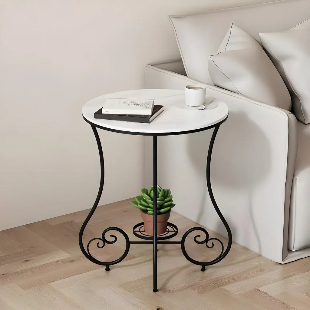 Modern Gloss Finish Steel Marble-Top Round Side Table