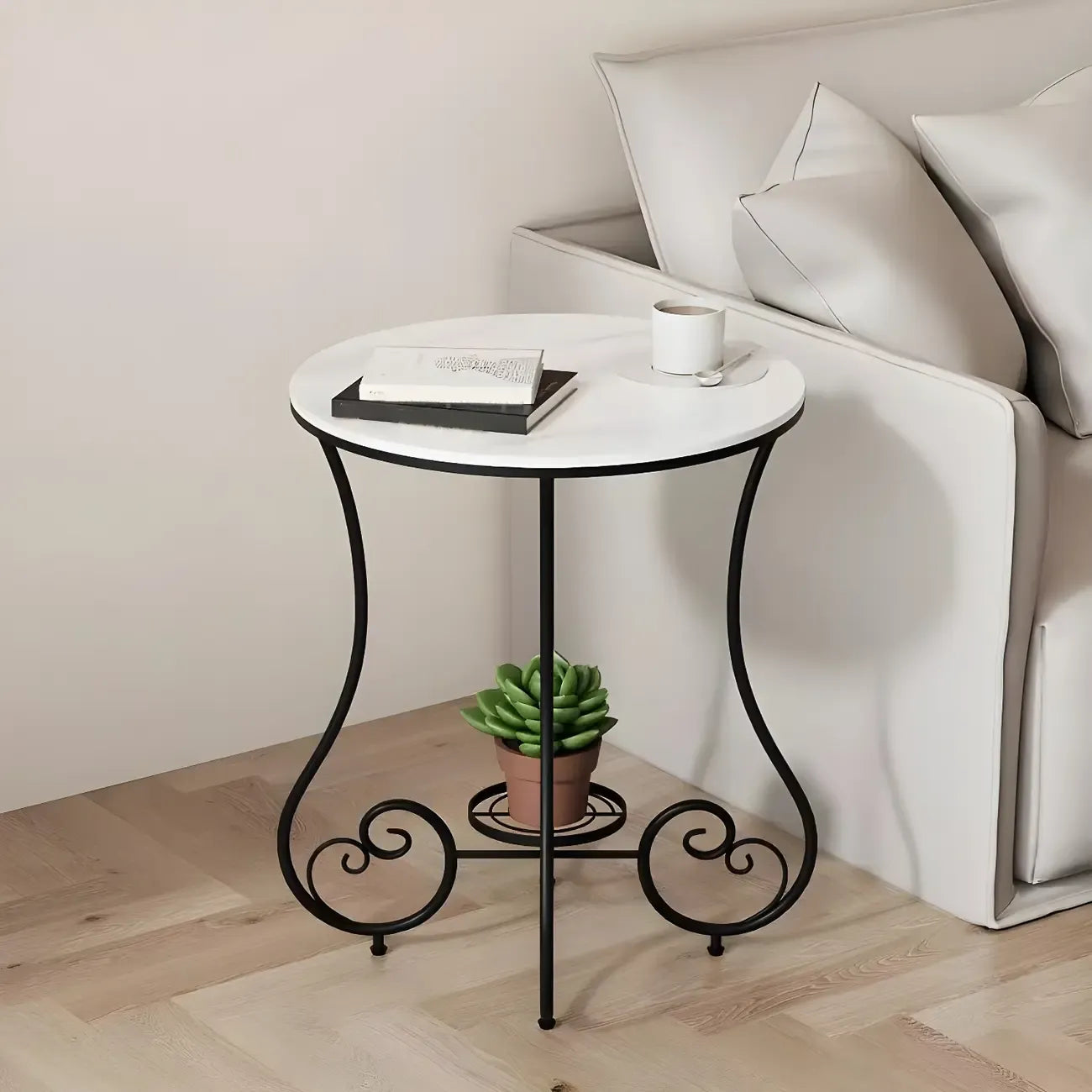 Modern Gloss Finish Steel Marble-Top Round Side Table