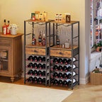 4 Tier Floor Wine Bottle & Glass Rack with Table Top Glass Shelves and Drawers