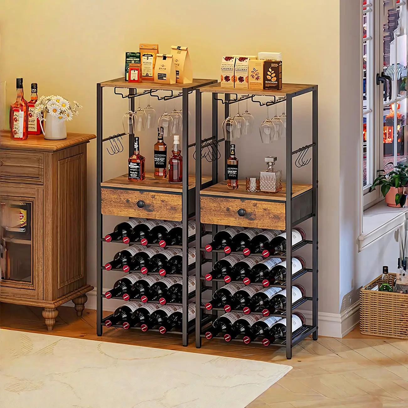 4 Tier Floor Wine Bottle & Glass Rack with Table Top Glass Shelves and Drawers