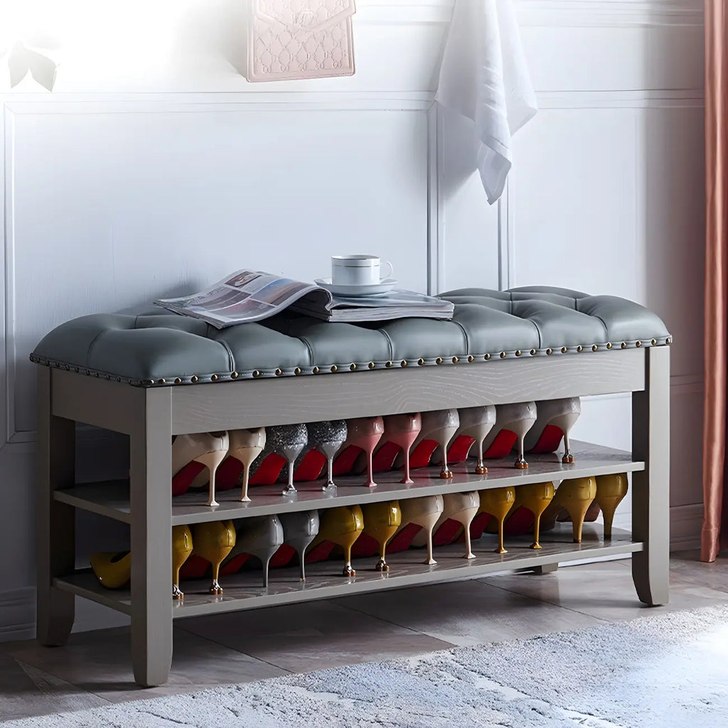 Upholstered Grey Flip-Up Top Shoe Bench for Entryway