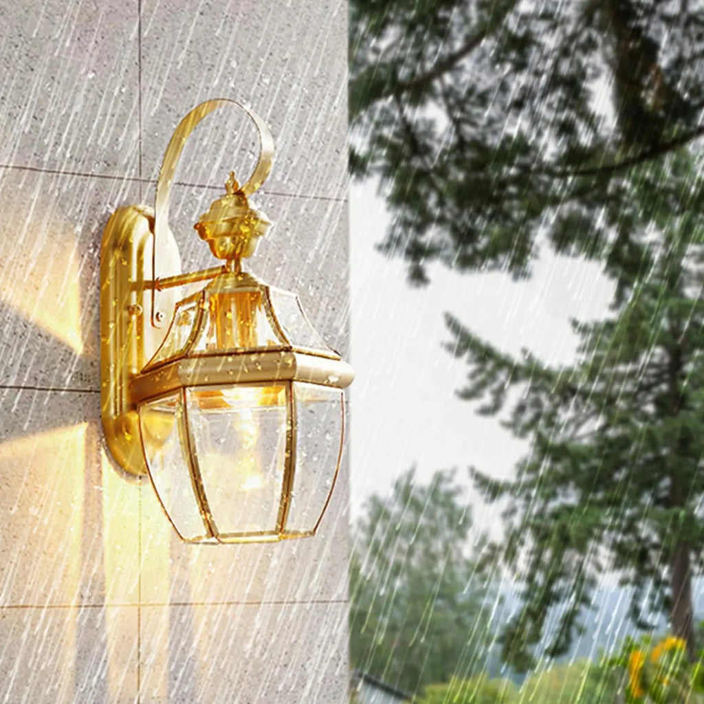 Classic Gold Glass Caged Outdoor Wall Lantern Light