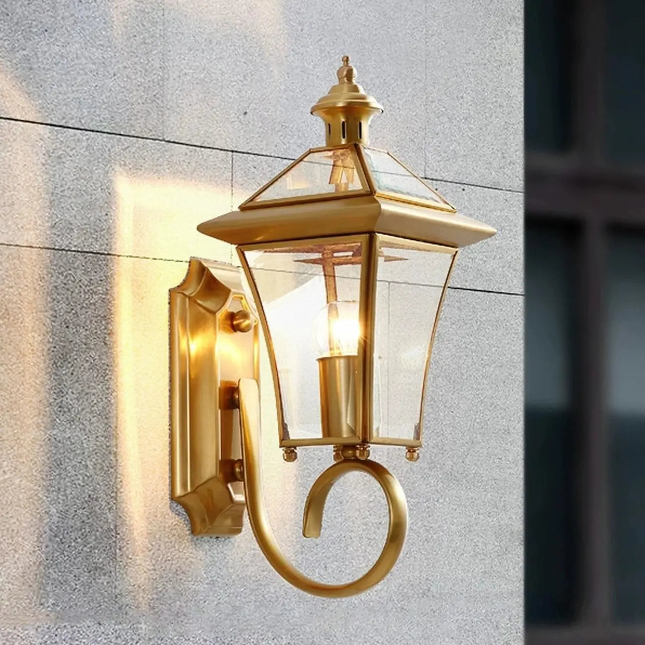 Classic Gold Glass Caged Outdoor Wall Lantern Light