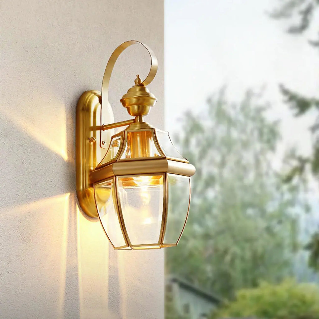 Classic Gold Glass Caged Outdoor Wall Lantern Light