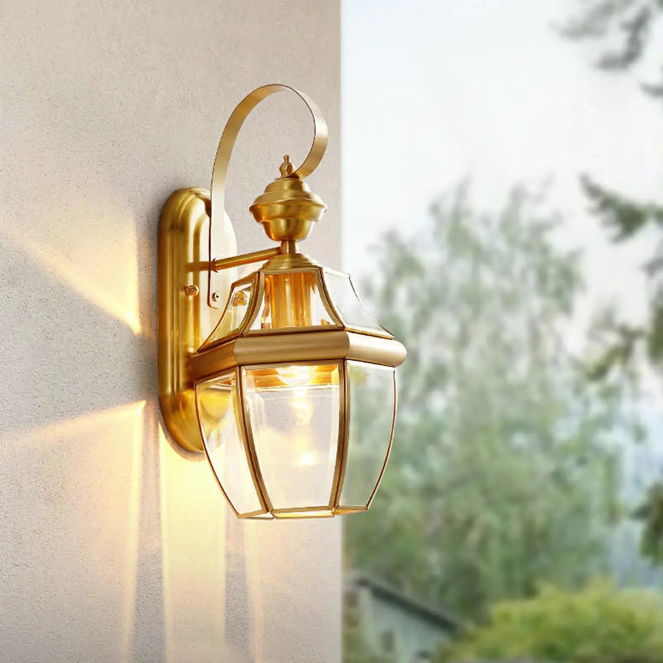Classic Gold Glass Caged Outdoor Wall Lantern Light