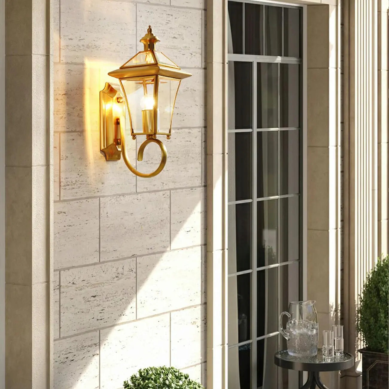 Classic Gold Glass Caged Outdoor Wall Lantern Light