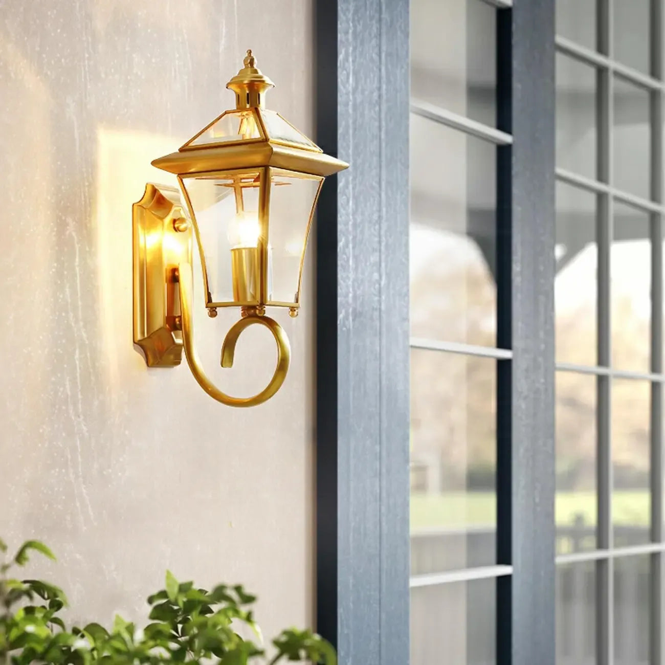 Classic Gold Glass Caged Outdoor Wall Lantern Light
