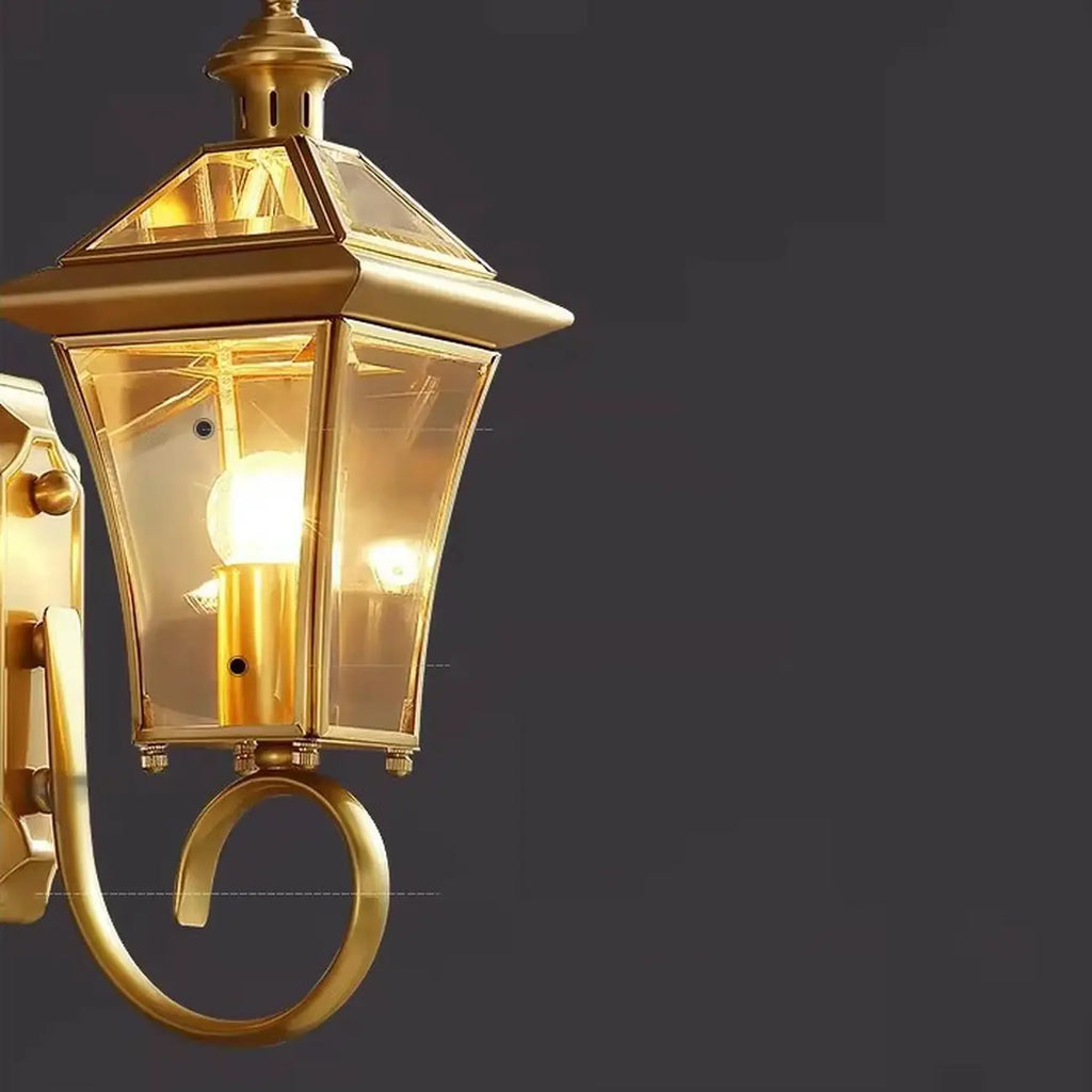 Classic Gold Glass Caged Outdoor Wall Lantern Light