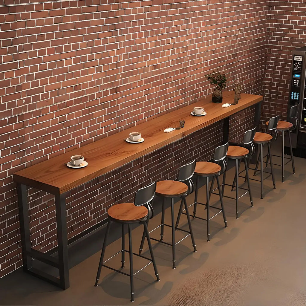 Brown Rectangular Pine Wood Bar Table with Steel Base