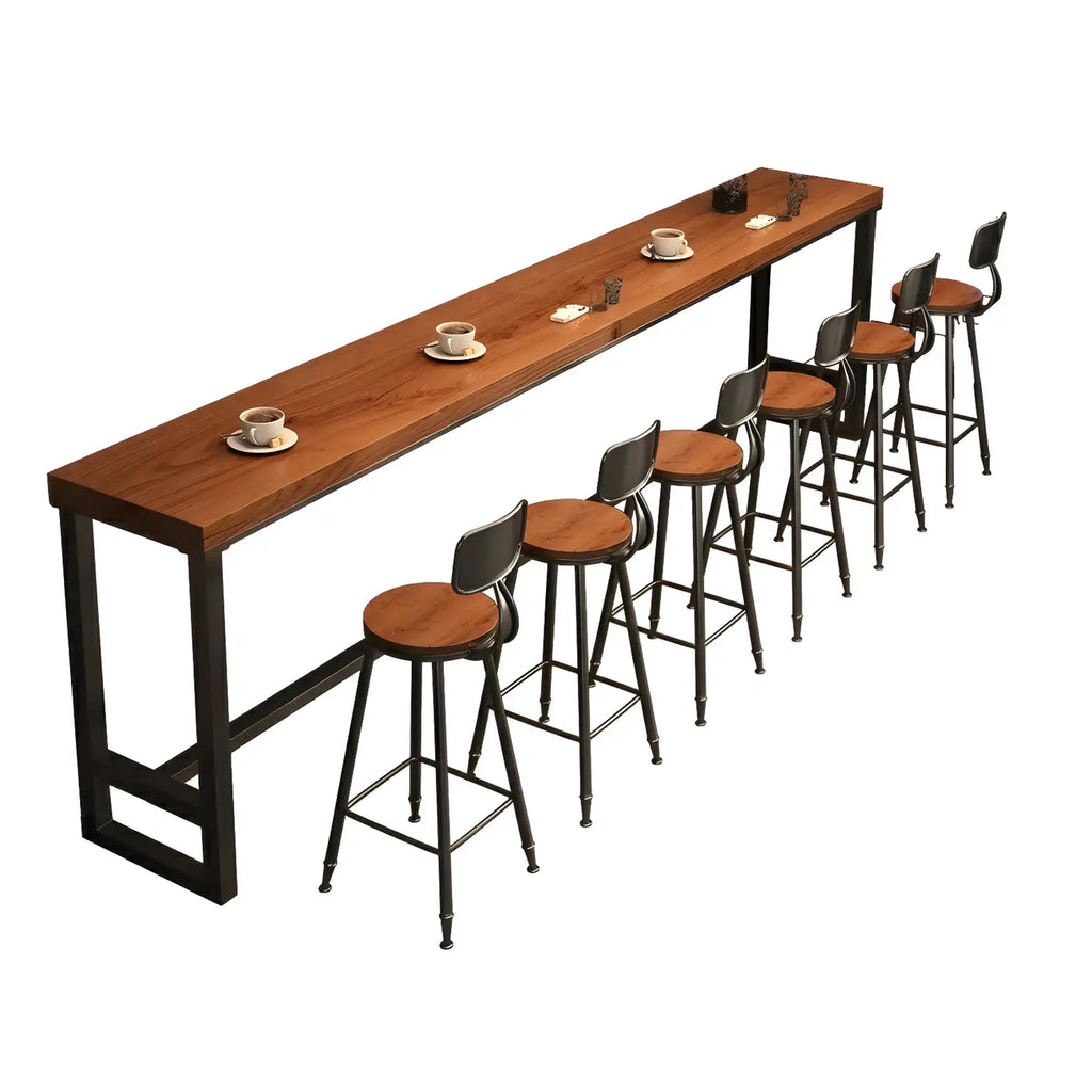 Brown Rectangular Pine Wood Bar Table with Steel Base