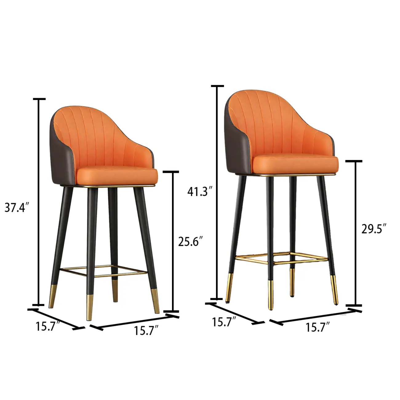 Art Deco Bucket Orange Leather Bar Stool with Back