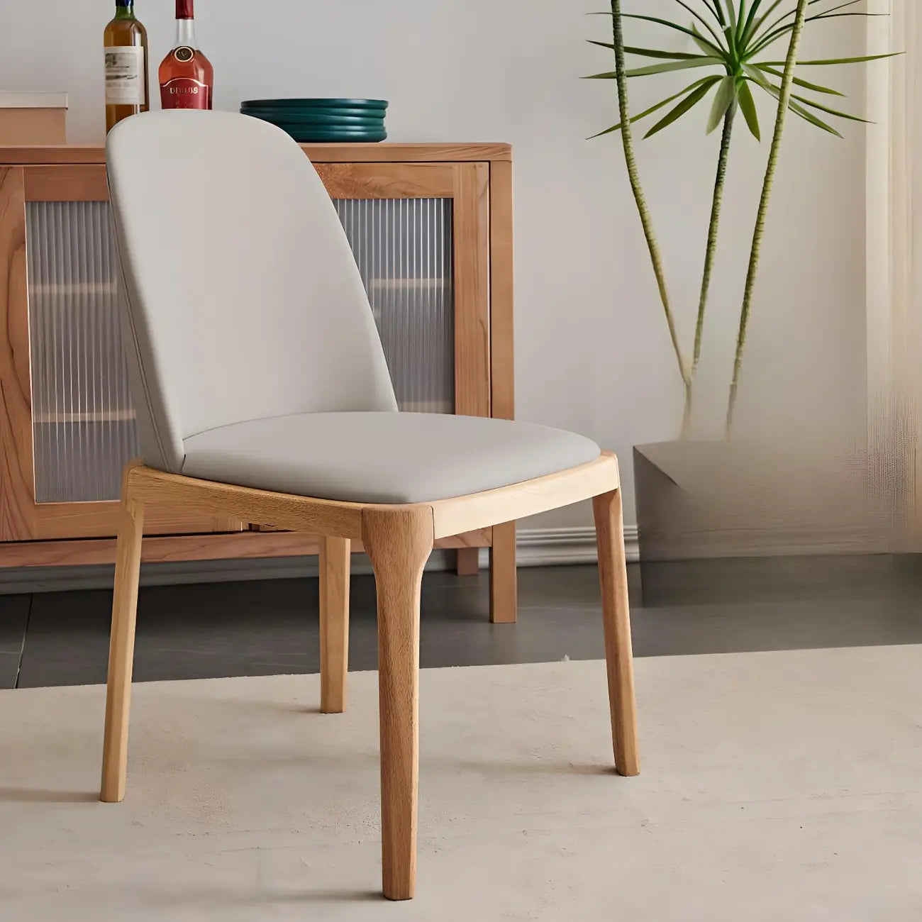 Cream Wood Faux Leather Solid Back Dining Chair