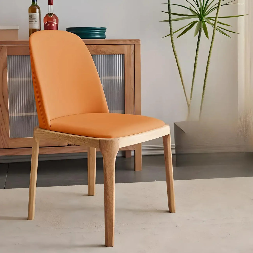 Cream Wood Faux Leather Solid Back Dining Chair