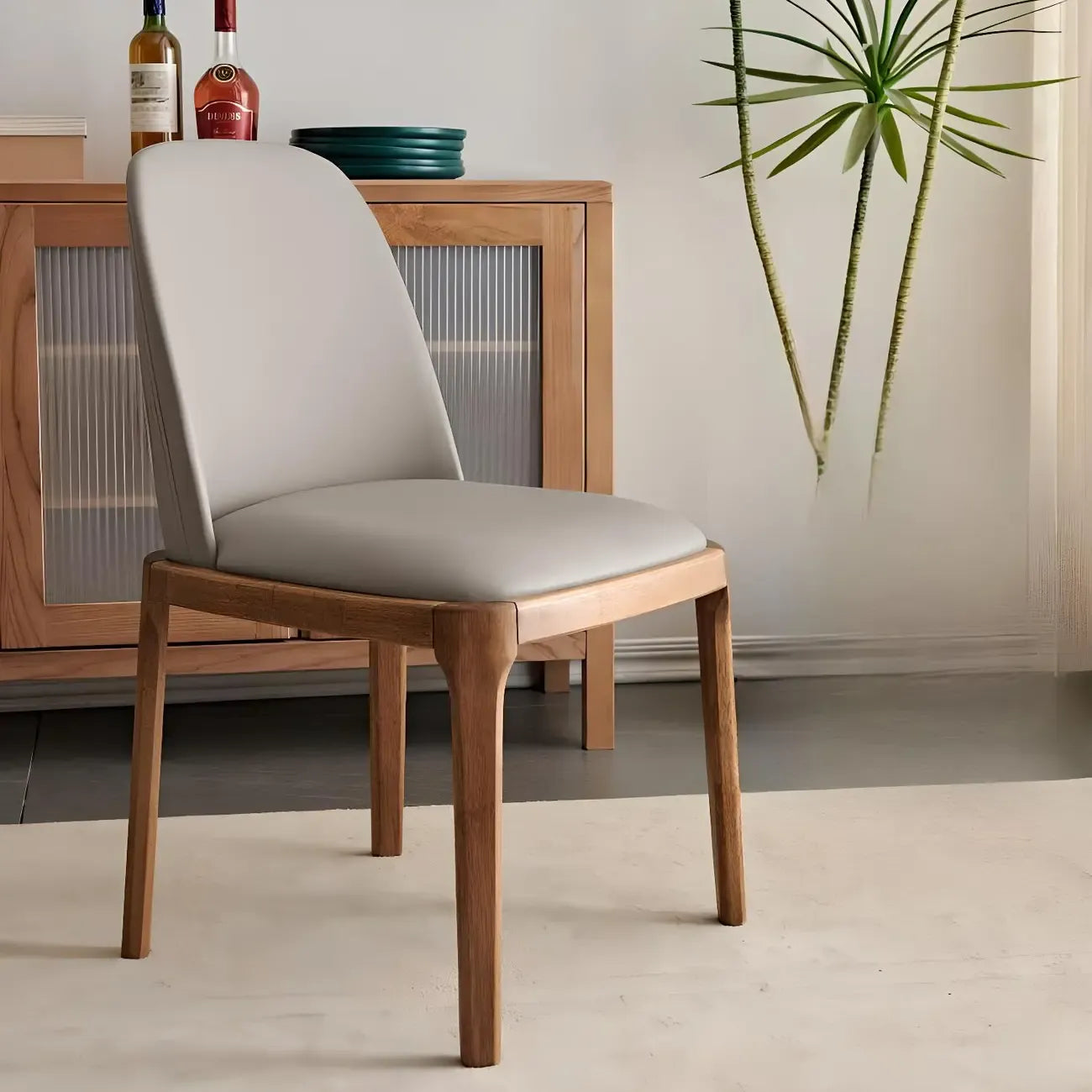 Cream Wood Faux Leather Solid Back Dining Chair