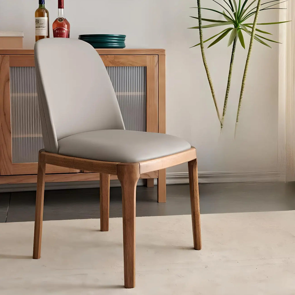 Cream Wood Faux Leather Solid Back Dining Chair