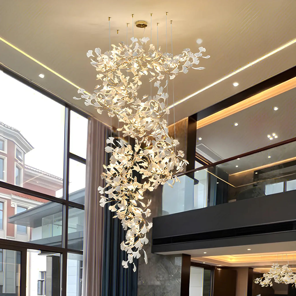 Elegant Leaf Shape Ceramics Golden Spiral Stairwell Chandelier