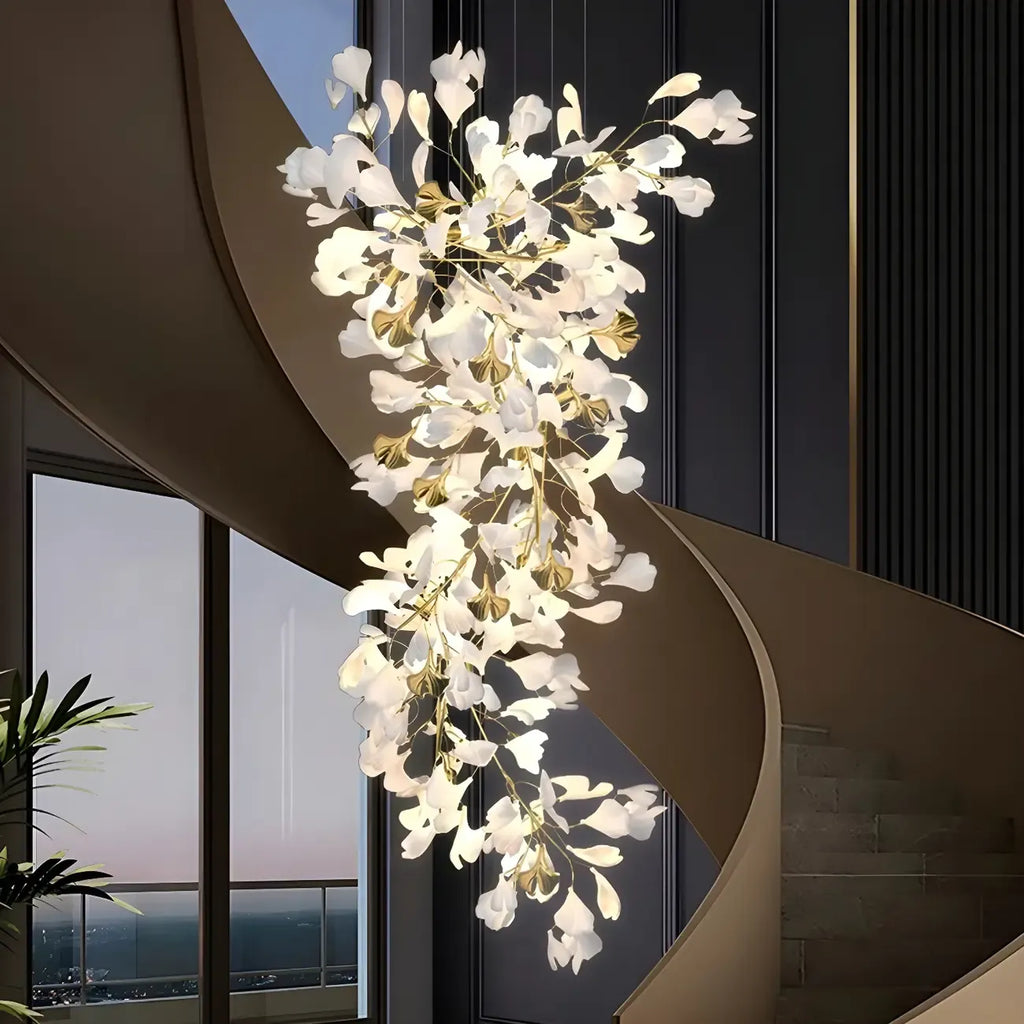 Elegant Leaf Shape Ceramics Golden Spiral Stairwell Chandelier