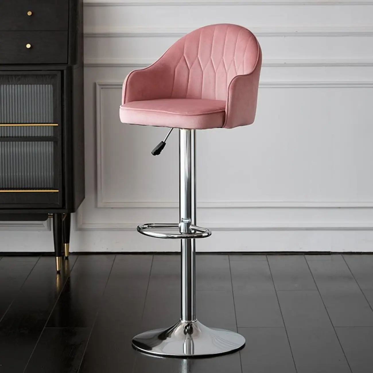 Swivel Upholstered Adjustable Height Home Armed Barstool with Metal Base