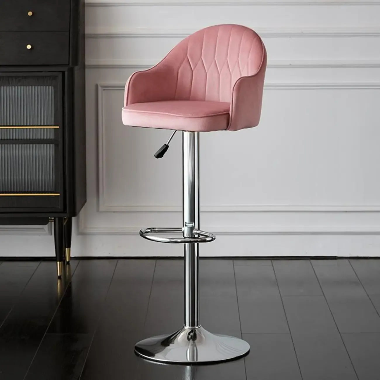Swivel Upholstered Adjustable Height Home Armed Barstool with Metal Base