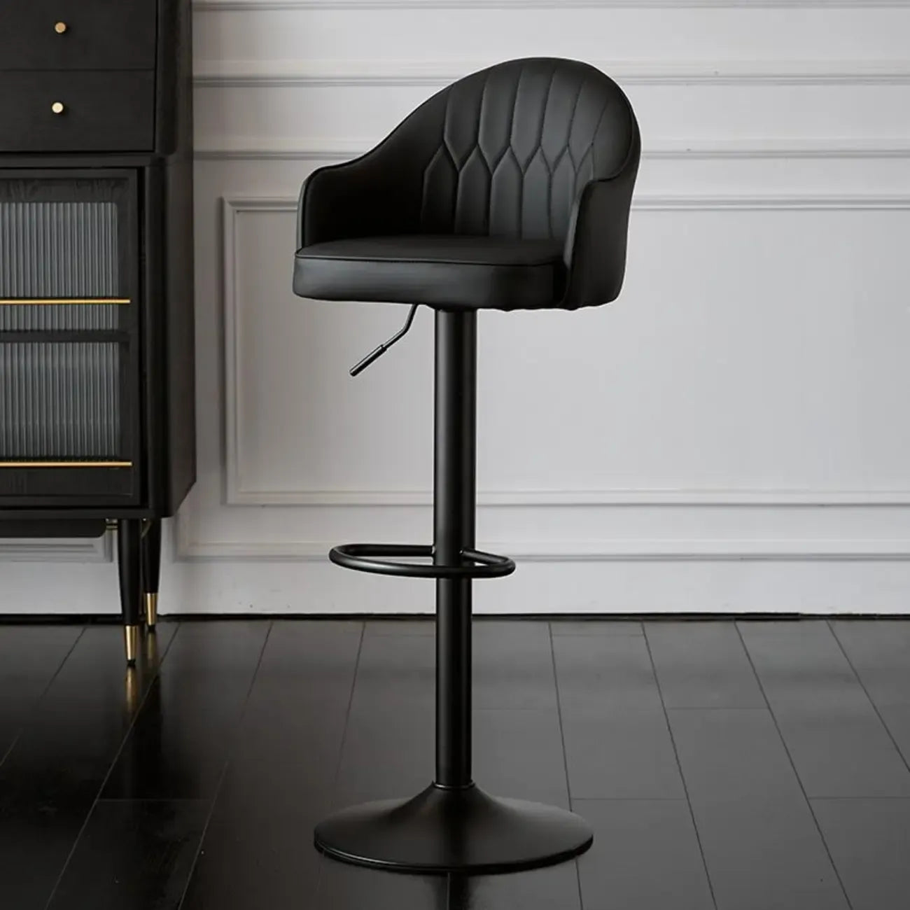 Swivel Upholstered Adjustable Height Home Armed Barstool with Metal Base