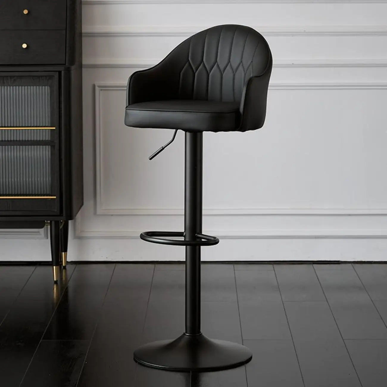 Swivel Upholstered Adjustable Height Home Armed Barstool with Metal Base
