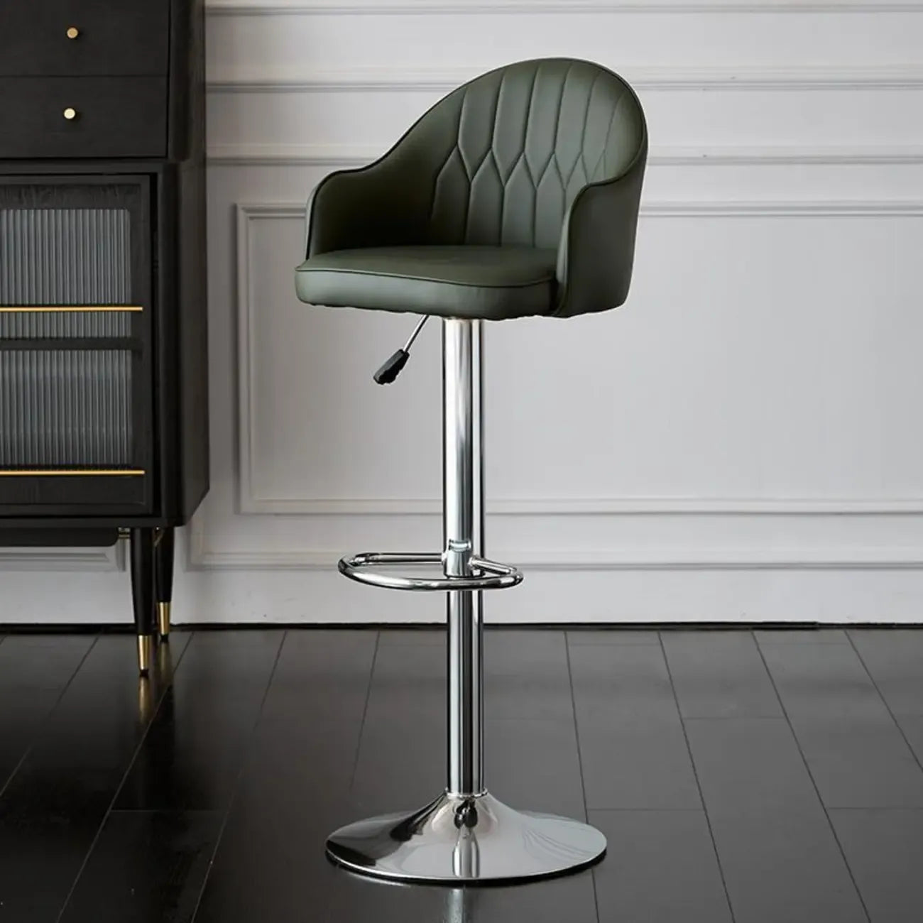 Swivel Upholstered Adjustable Height Home Armed Barstool with Metal Base