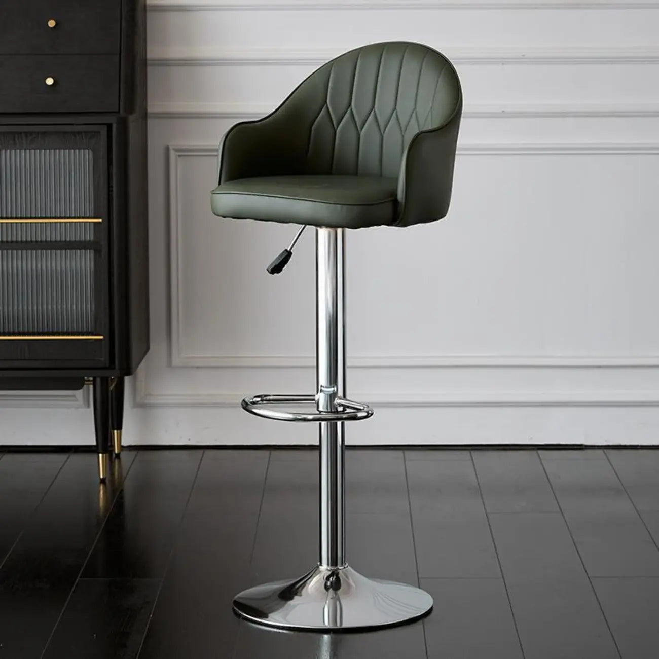 Swivel Upholstered Adjustable Height Home Armed Barstool with Metal Base