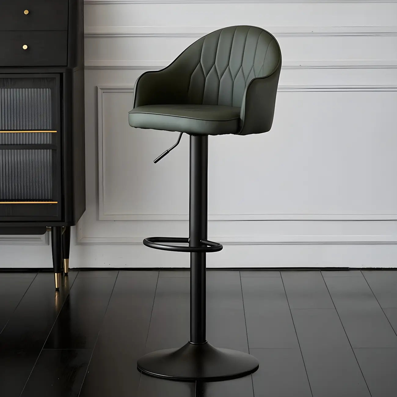 Swivel Upholstered Adjustable Height Home Armed Barstool with Metal Base