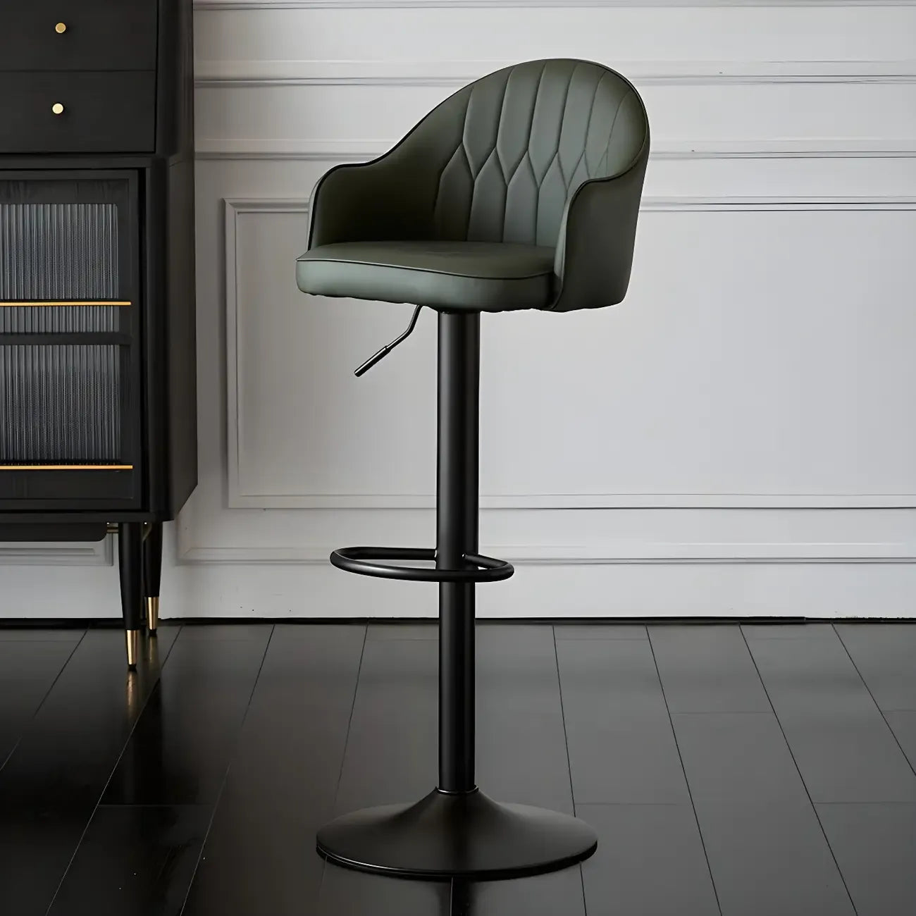 Swivel Upholstered Adjustable Height Home Armed Barstool with Metal Base