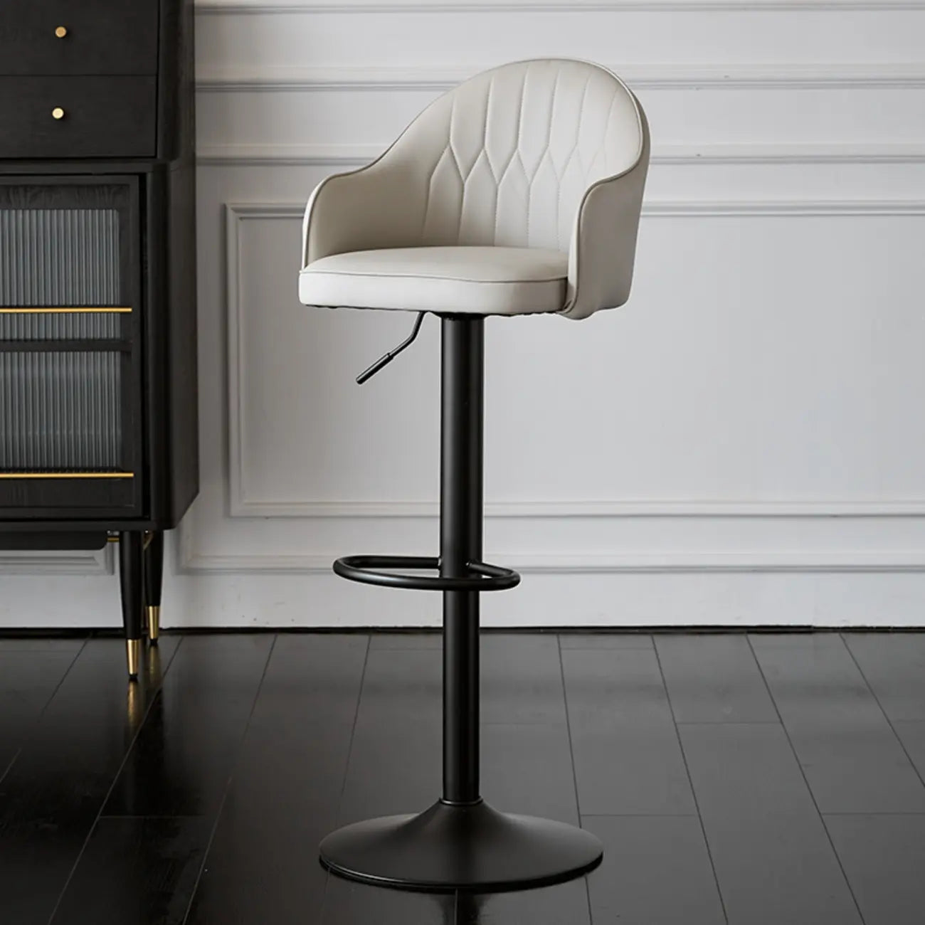 Swivel Upholstered Adjustable Height Home Armed Barstool with Metal Base