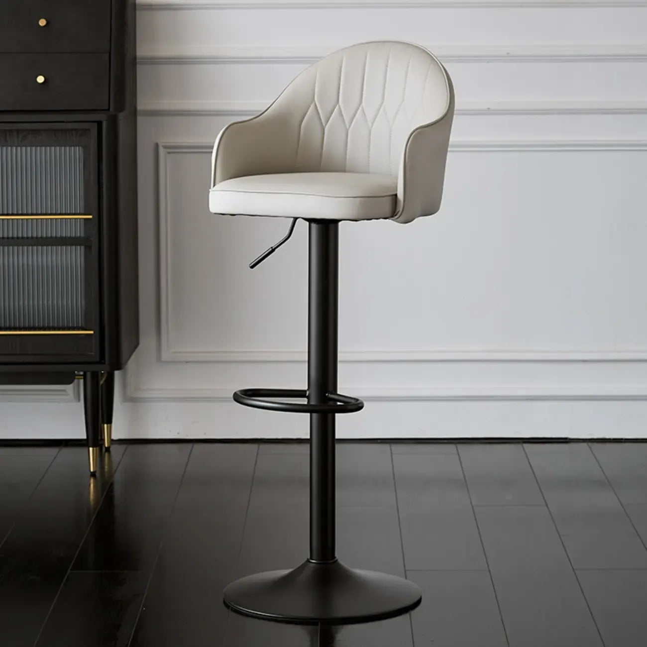 Swivel Upholstered Adjustable Height Home Armed Barstool with Metal Base