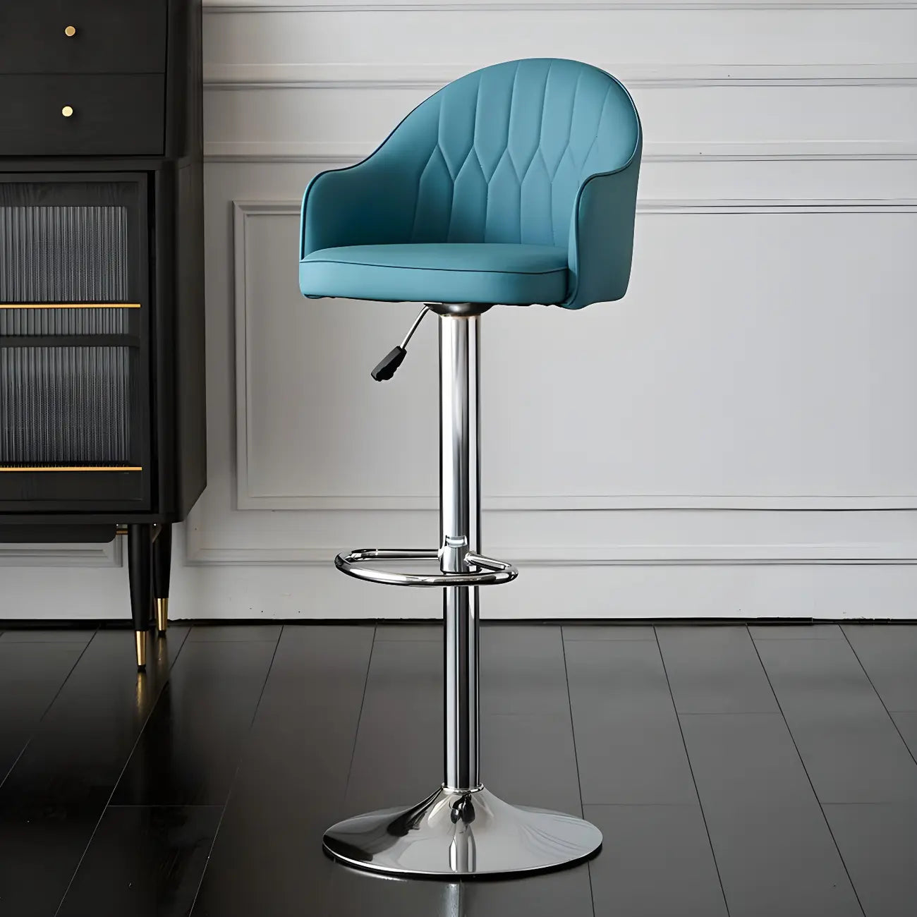 Swivel Upholstered Adjustable Height Home Armed Barstool with Metal Base