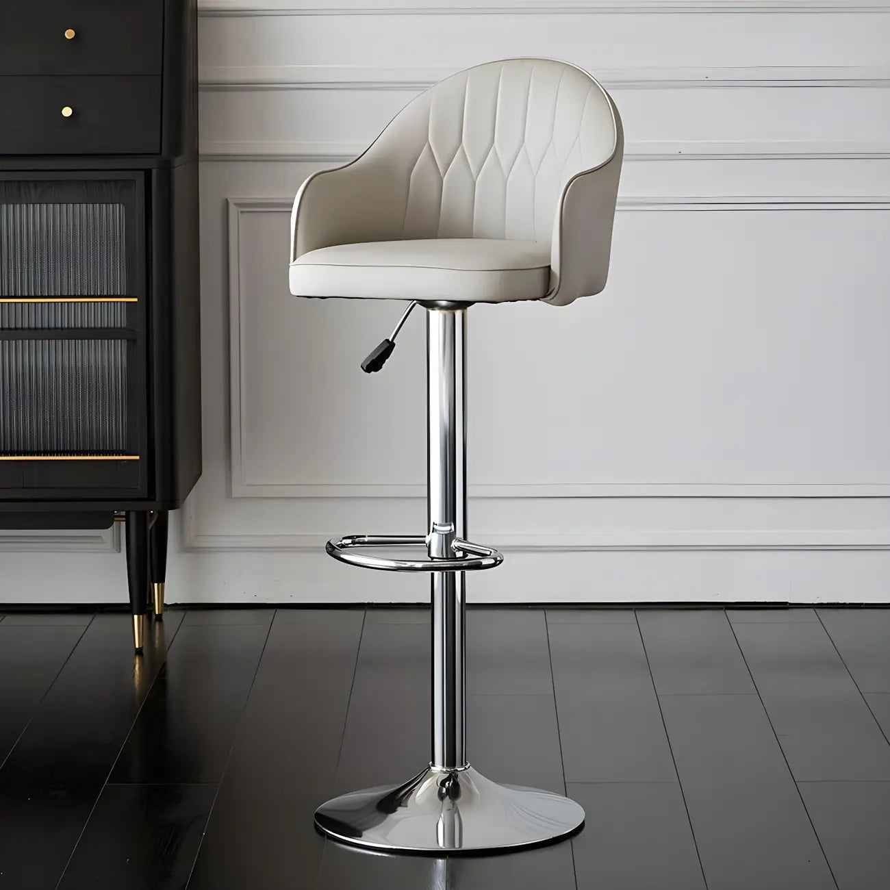 Swivel Upholstered Adjustable Height Home Armed Barstool with Metal Base