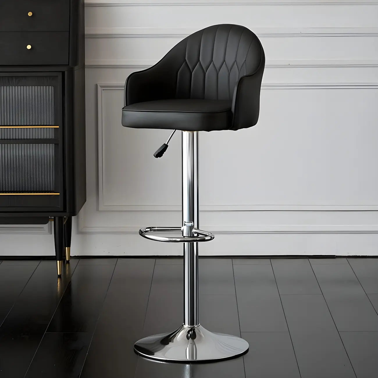 Swivel Upholstered Adjustable Height Home Armed Barstool with Metal Base