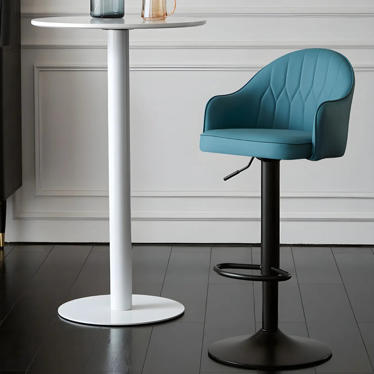 Swivel Upholstered Adjustable Height Home Armed Barstool with Metal Base