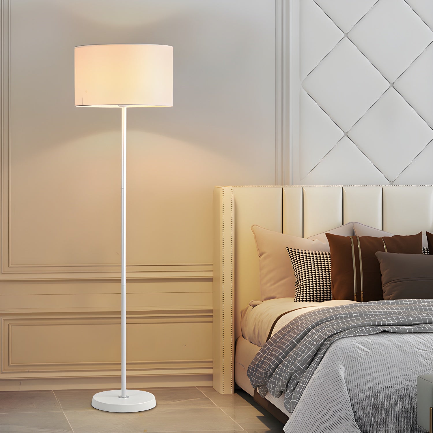 55 Modern Fabric Barrel Black Metal Floor Lamp