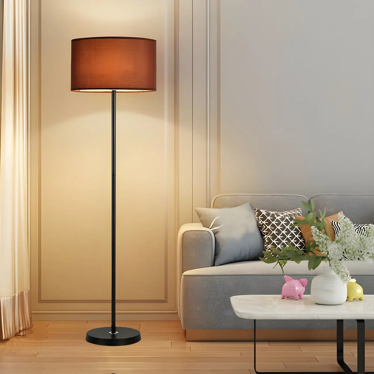 55 Modern Fabric Barrel Black Metal Floor Lamp