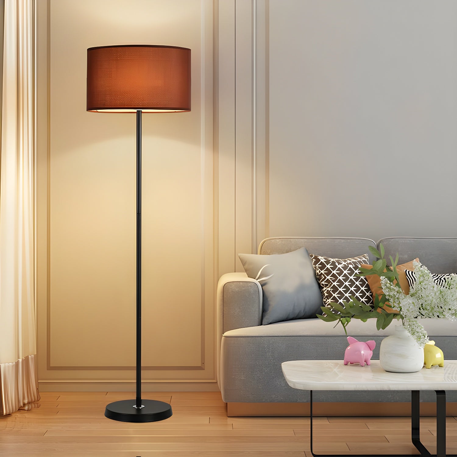 55 Modern Fabric Barrel Black Metal Floor Lamp