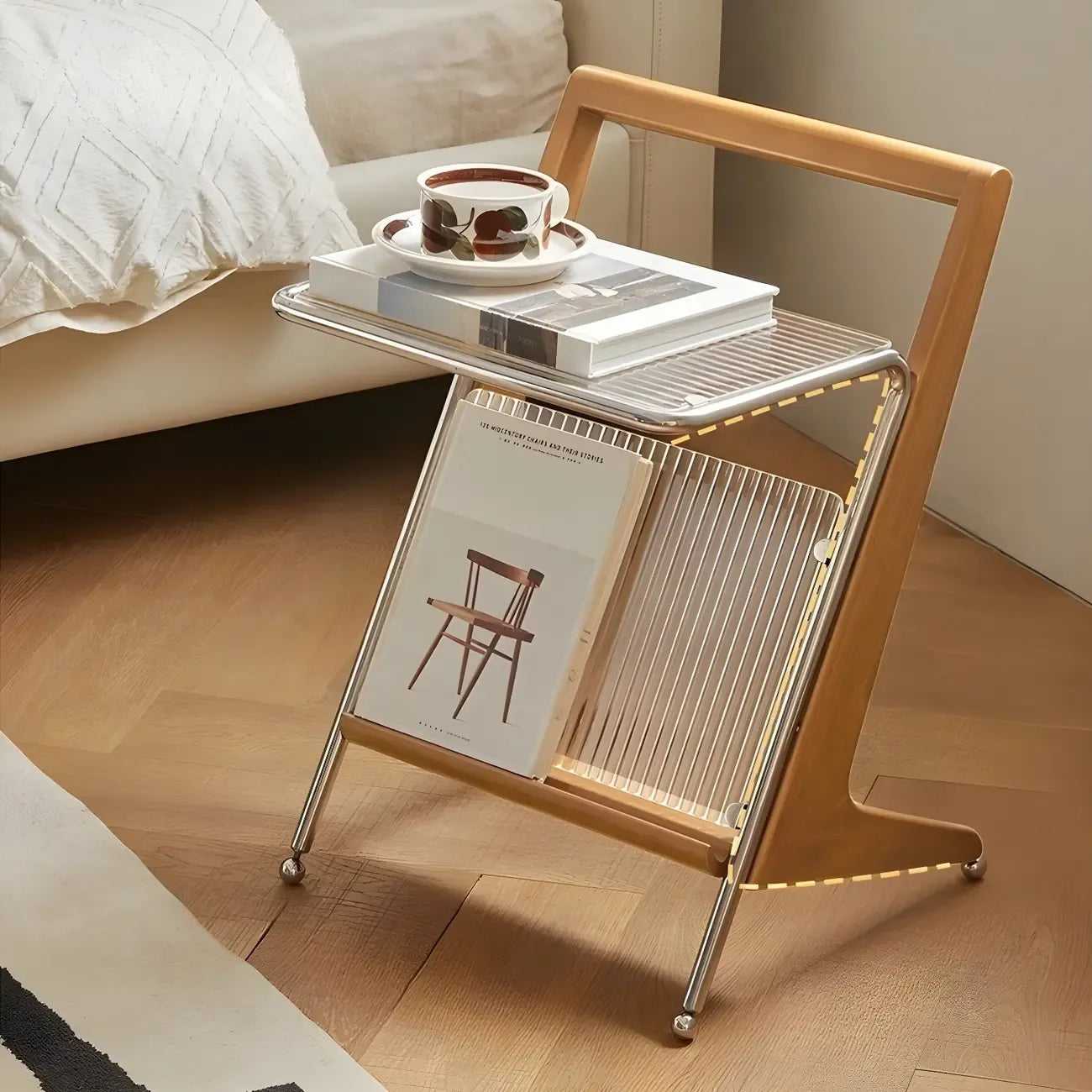 Unique Z-Shaped Solid Wood Glass Display Small Side Table