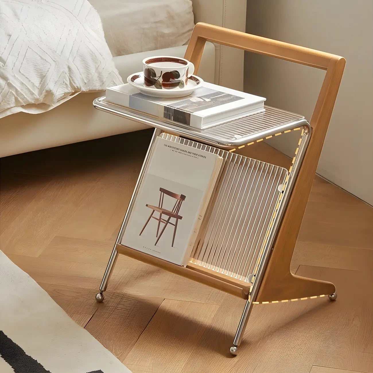 Unique Z-Shaped Solid Wood Glass Display Small Side Table