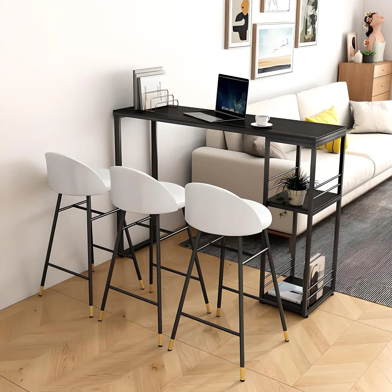 Modern Stone Top Metal 2-Shelf Bar Table for Kitchen Pub
