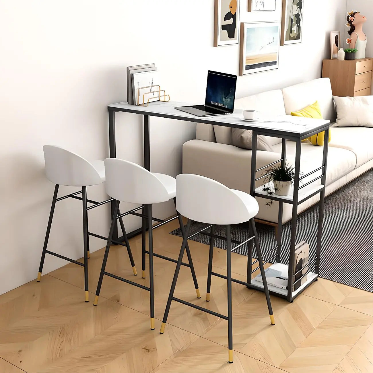 Modern Stone Top Metal 2-Shelf Bar Table for Kitchen Pub