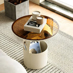 Nordic Round Glass End Table with Drum Base and Storage