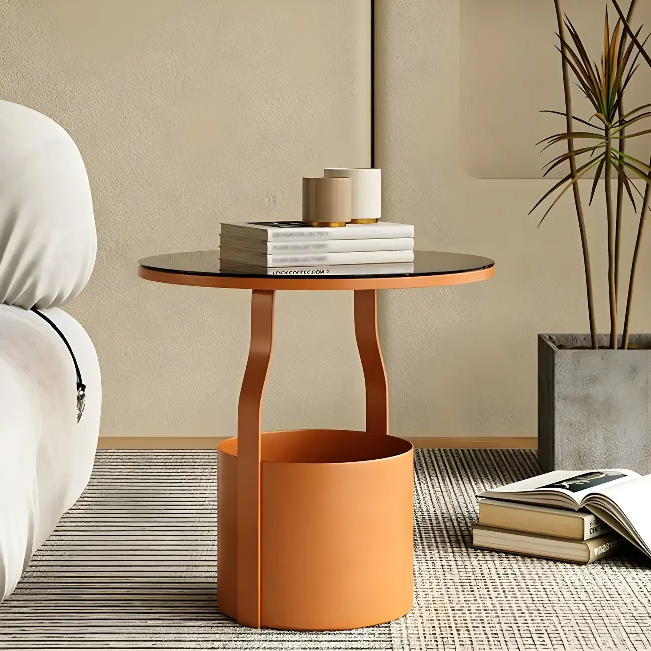 Nordic Round Glass End Table with Drum Base and Storage