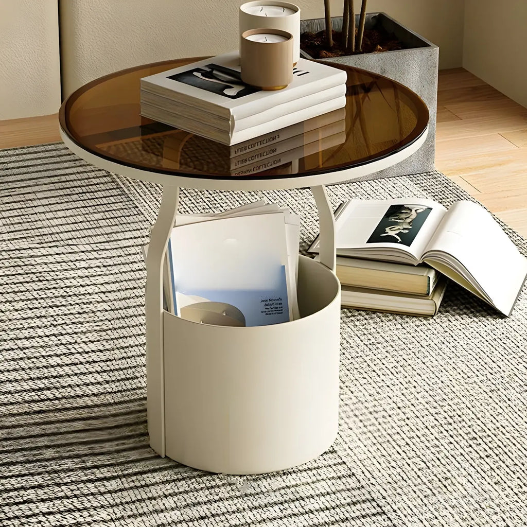 Nordic Round Glass End Table with Drum Base and Storage