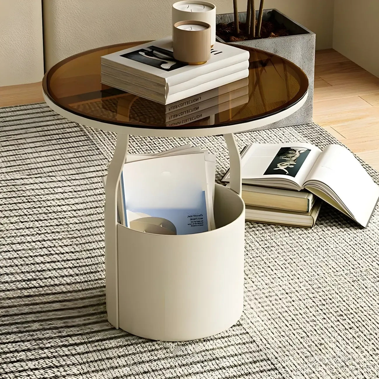 Nordic Round Glass End Table with Drum Base and Storage