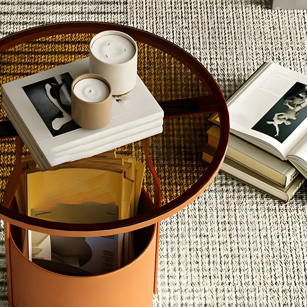 Nordic Round Glass End Table with Drum Base and Storage
