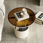 Nordic Round Glass End Table with Drum Base and Storage